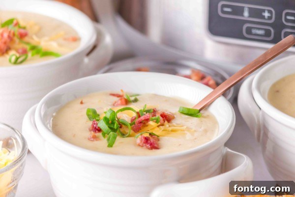 Creamy gluten-free slow cooker baked potato soup in a bowl with a spoon