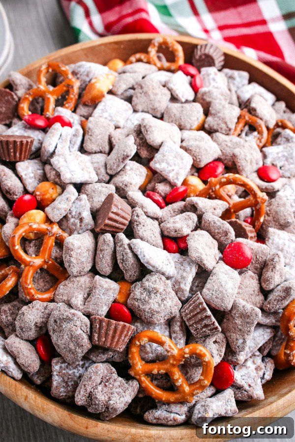 Santa's Gluten Free Reindeer Fuel 2 Gluten-Free Reindeer Chow Mix, a festive and delicious holiday snack with puppy chow, peanut butter cups, candy, and pretzels.