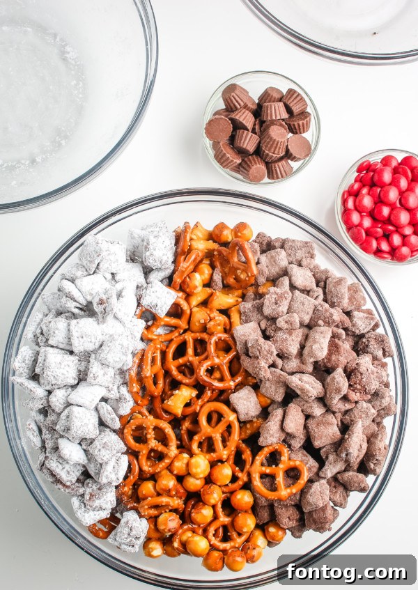 Santa's Gluten Free Reindeer Fuel 3 A collection of ingredients for Gluten-Free Reindeer Puppy Chow Mix, including cereals, chocolate chips, peanut butter, butter, and candies.