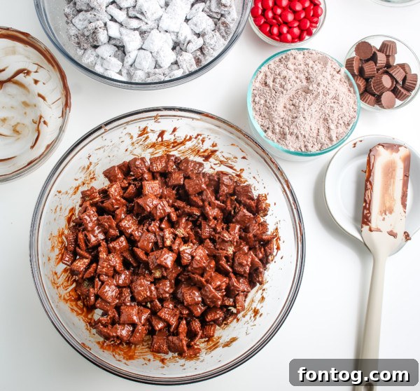 Santa's Gluten Free Reindeer Fuel 5 Reindeer puppy chow mix being made in process in a bowl, showing the chocolate coating.