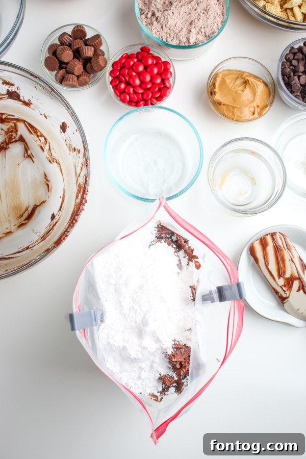 Santa's Gluten Free Reindeer Fuel 6 Gluten-free reindeer chow mix with pretzels and puppy chow being made in a Ziploc bag, showing the coating process.