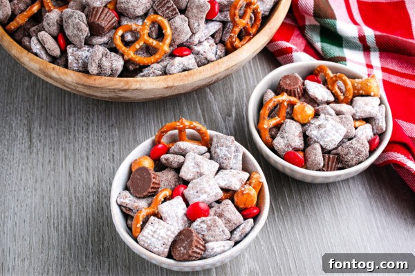 Santa's Gluten Free Reindeer Fuel 10 Close-up of Gluten-free reindeer chow mix, highlighting the textures of pretzels, peanut butter cups, and Chex mix.