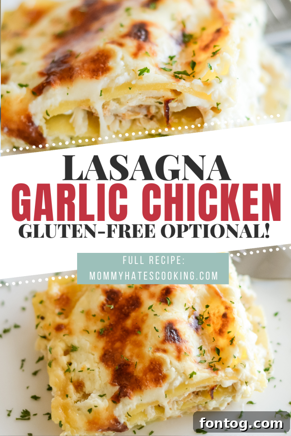 Promotional image for gluten free garlic chicken lasagna