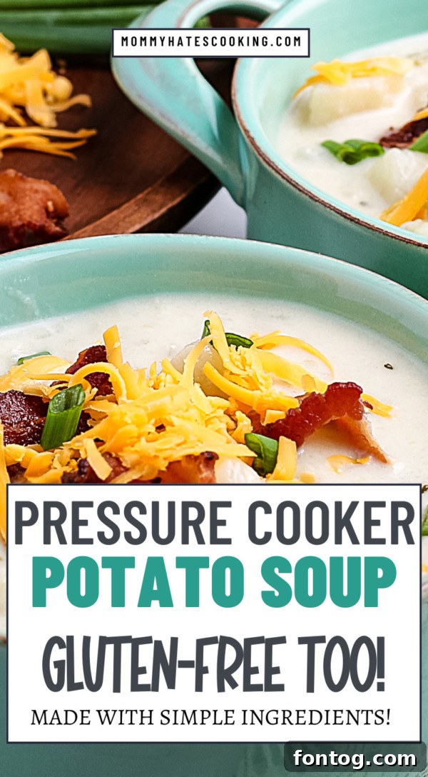 A vibrant Pinterest-friendly image of gluten-free pressure cooker potato soup, highlighting its creamy texture and delicious toppings.