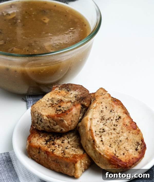 Close-up of pressure cooker pork chops with gravy