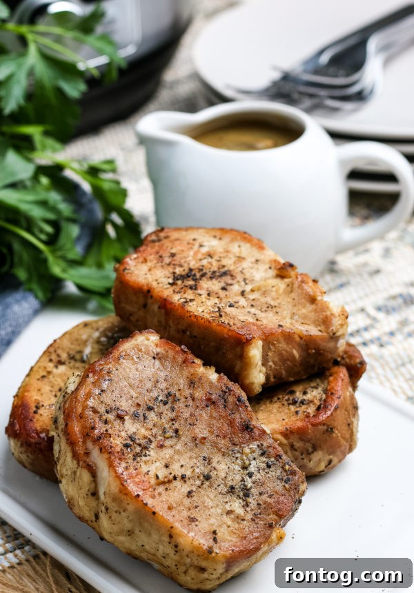 Another view of the finished pressure cooker pork chops with gravy