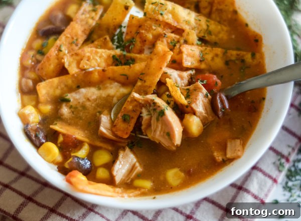 A bowl of delicious pressure cooker chicken enchilada soup.
