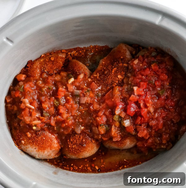 slow cooker with chicken and salsa in it for chicken tacos