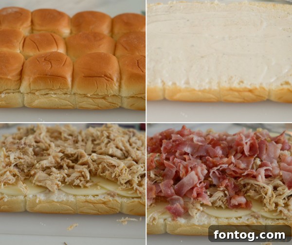 No-Fuss Chicken Bacon Ranch Minis 4 Process of assembling Chicken Bacon Ranch Sliders, showing ranch being spread on Hawaiian rolls.