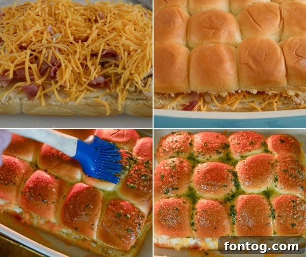 No-Fuss Chicken Bacon Ranch Minis 5 Process of assembling Chicken Bacon Ranch Sliders, showing layers of chicken, bacon, and cheese.