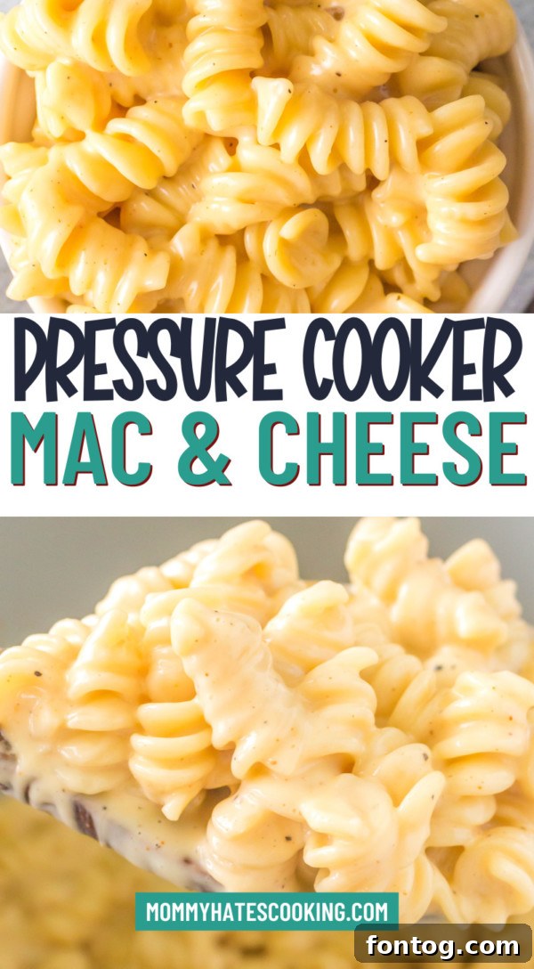 Pressure cooker mac and cheese in a rustic bowl with a spoon