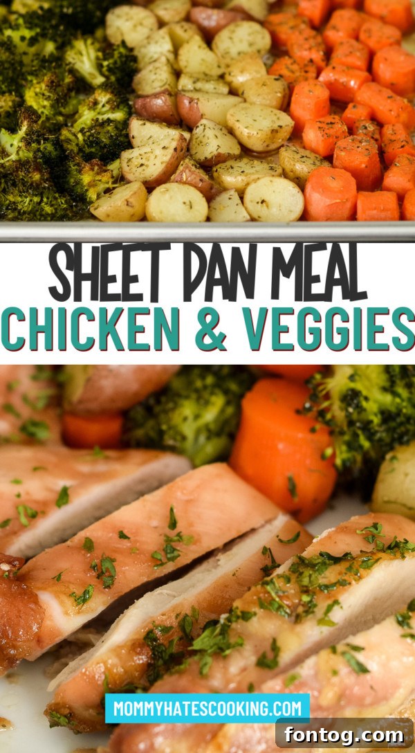 Golden Glazed Chicken Thighs and Roasted Garden Vegetables 10 Pinterest optimized image for Sheet Pan Glazed Chicken Thighs and Vegetables, showing the finished meal beautifully arranged.