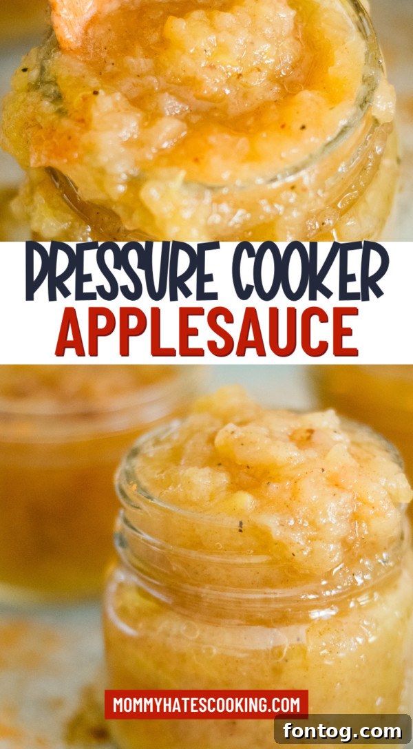 A vibrant graphic promoting homemade pressure cooker applesauce, featuring a bowl of applesauce with cinnamon