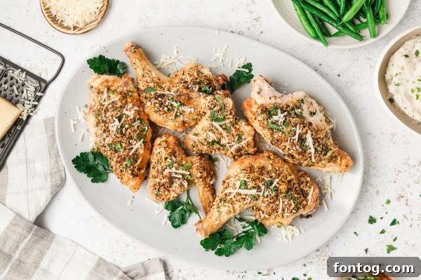 Close-up of golden brown Oven Fried Parmesan Chicken pieces