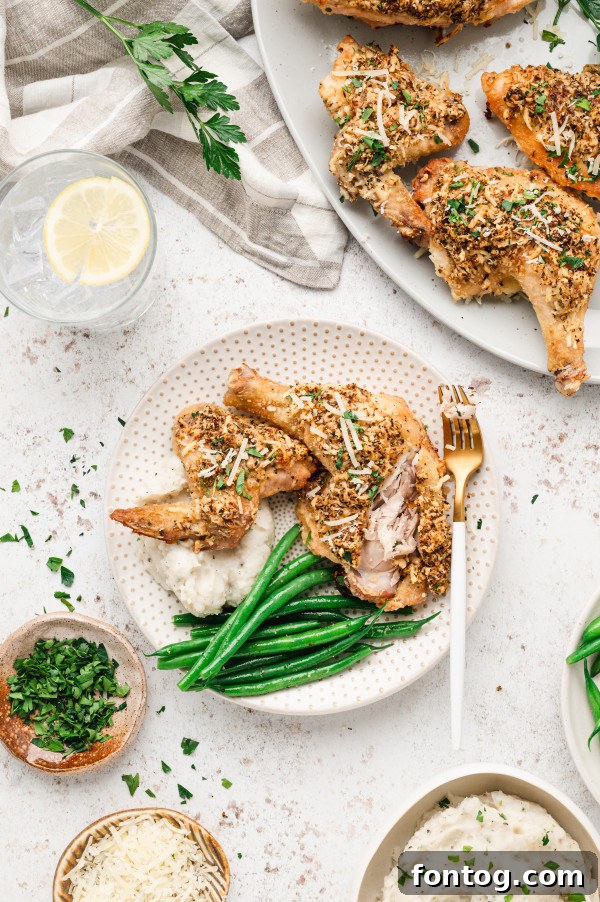 Plated Oven Fried Parmesan Chicken with pasta and roasted vegetables