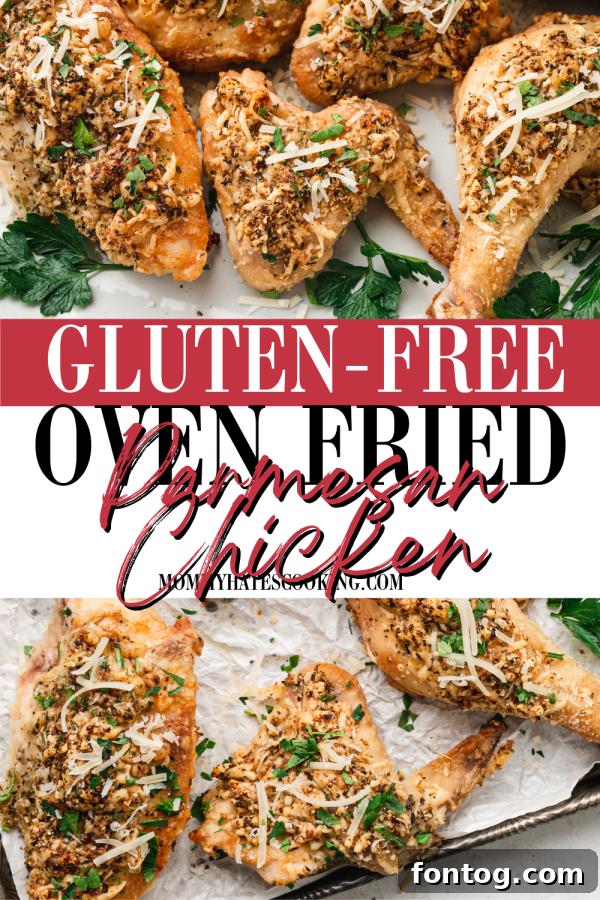 Oven Fried Parmesan Chicken recipe card image for Pinterest, showing finished dish
