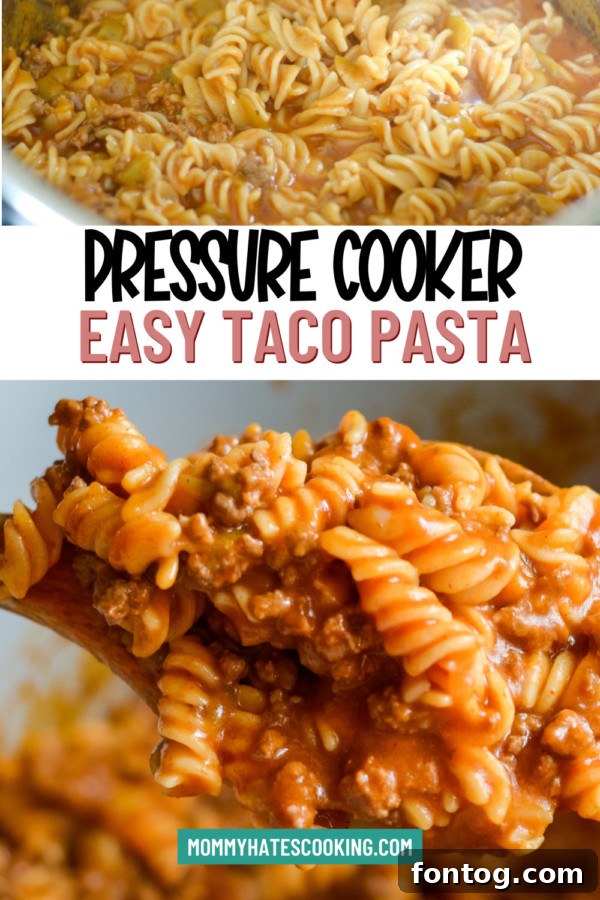 Large pot of pressure cooker taco pasta, ready for serving.