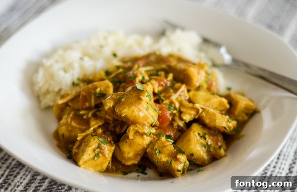 Creamy Pressure Cooker Coconut Chicken Curry 4 Close-up of creamy pressure cooker coconut chicken curry, ready to serve