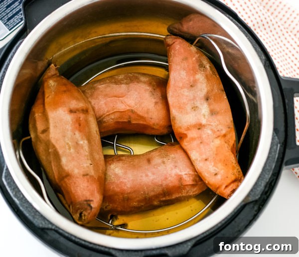 Speedy Pressure Cooker Sweet Potato Perfection 3 ingredients for pressure cooker sweet potatoes, including raw sweet potatoes, butter, and cinnamon