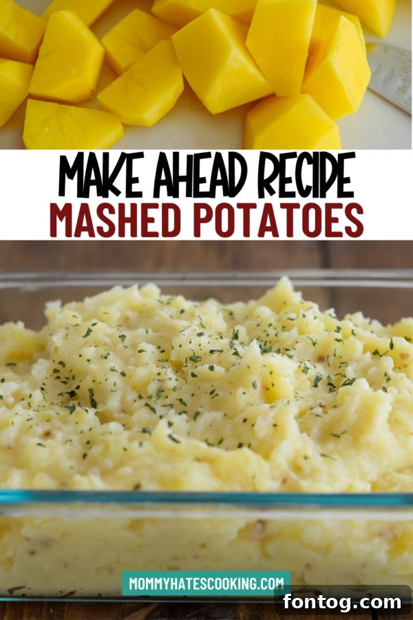 A top-down view of gluten-free make-ahead mashed potatoes in a baking dish, garnished and ready for a holiday table.