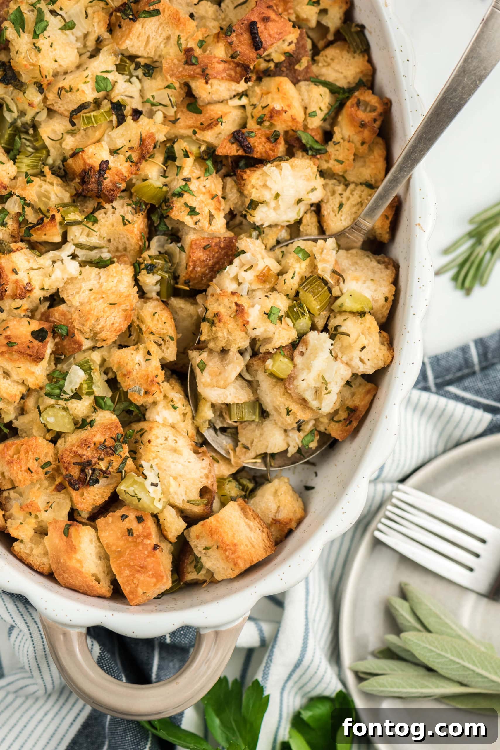 Sourdough Bread Stuffing in a baking dish