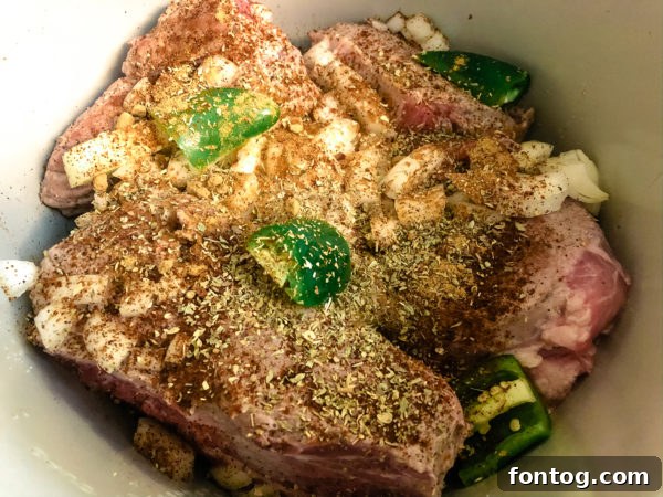 Effortless Pressure Cooker Pork Carnitas 3 Ingredients for pressure cooker pork carnitas laid out on a table