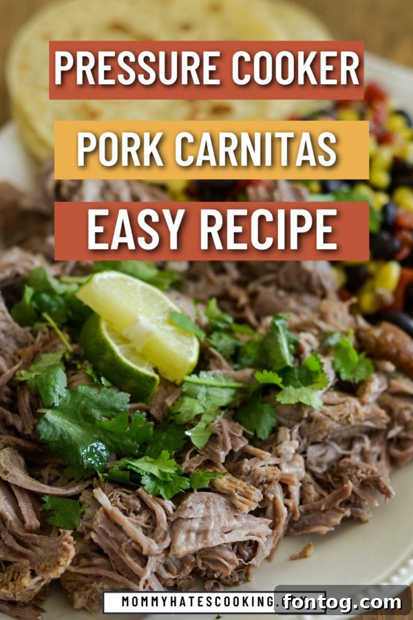 Effortless Pressure Cooker Pork Carnitas 8 Close-up of crispy pressure cooker pork carnitas in a bowl