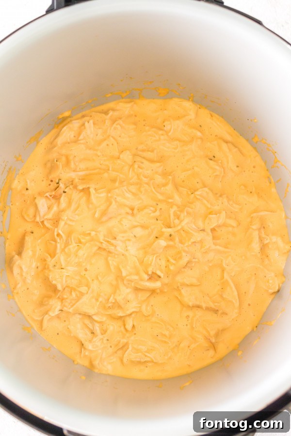 Close-up of creamy spicy chicken dip with Gorgonzola, garnished with fresh herbs and served hot.