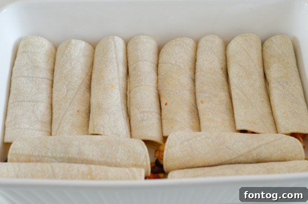 Indulgent Cheesy Chicken Enchiladas in Just 30 Minutes 4 Process of assembling corn enchiladas with chicken filling.