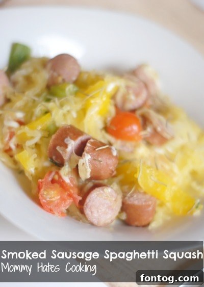 Smoked sausage and spaghetti squash boat with melted cheese