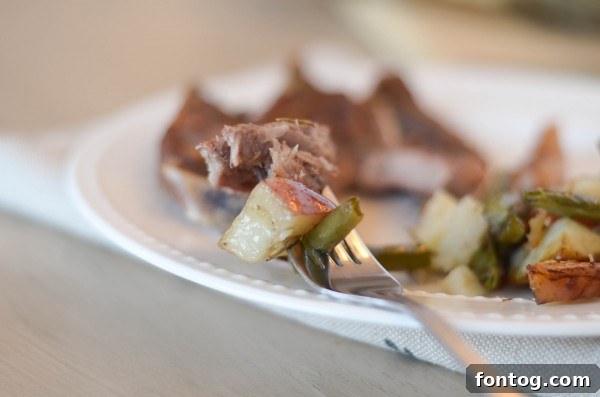 One-Pan Rosemary Pork Chops 6 Plated One-Dish Rosemary Pork Chops with roasted vegetables