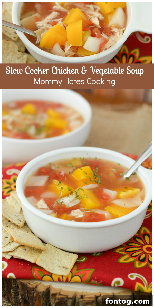A large bowl of Slow Cooker Chicken & Vegetable Soup with bread, ready to be served