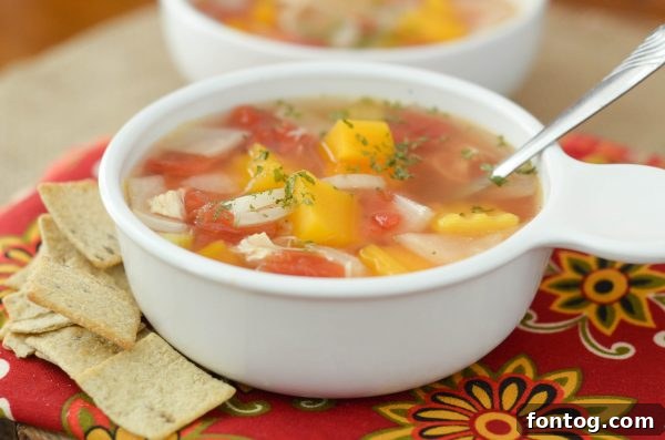 Close-up view of Slow Cooker Chicken & Vegetable Soup showcasing tender chicken and vibrant vegetables