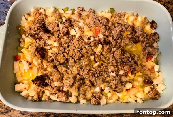 Ultimate Sausage Breakfast Bake 3 Cooked ground sausage with fennel seeds in a skillet