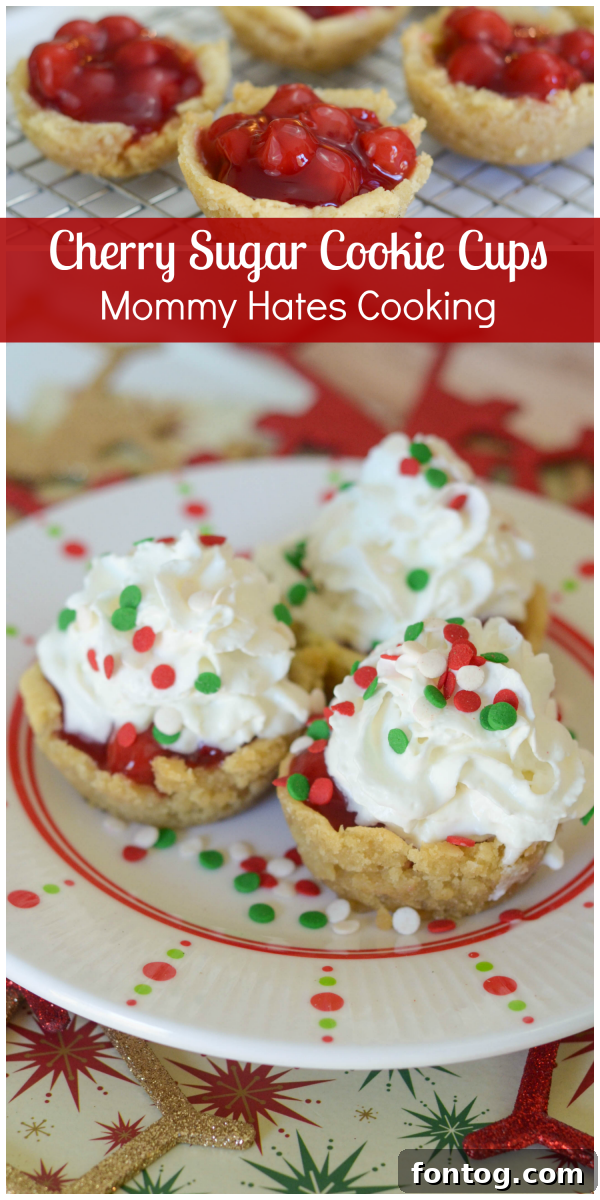 Cherry Sugar Cookie Cups topped with whipped cream and a cherry, festive holiday treat