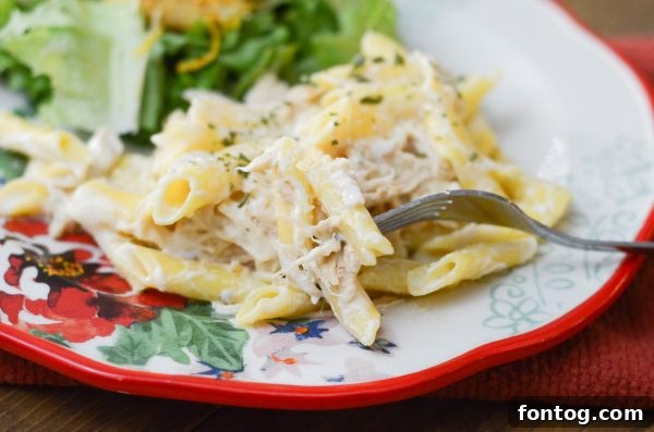 Velvety Slow Cooker Chicken Alfredo 4 Shredded chicken in Slow Cooker Chicken Alfredo, ready to serve