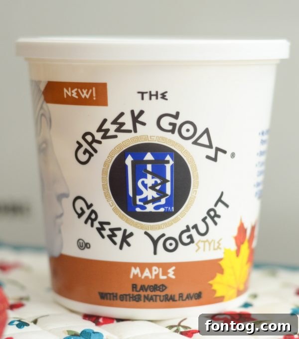 Velvety Maple French Toast Perfection 6 Creamy Maple French Toast Recipe - Close-up of Greek Gods Maple Yogurt container.