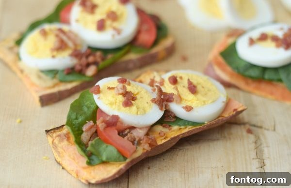 Close-up of Egg Topped Sweet Potato Toast, showcasing the golden-brown sweet potato base and savory toppings.