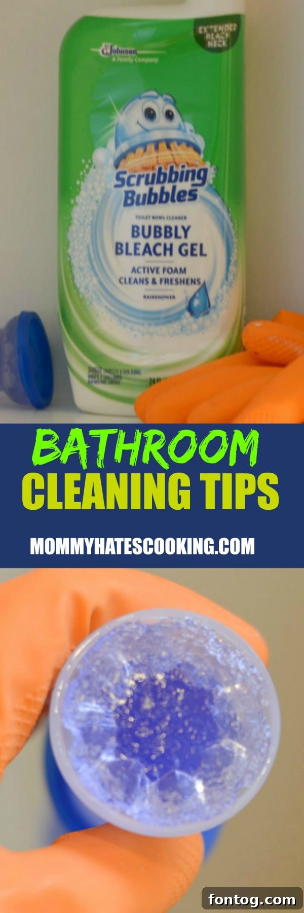 Scrubbing Bubbles brand logo and product images, emphasizing effective bathroom cleaning solutions.