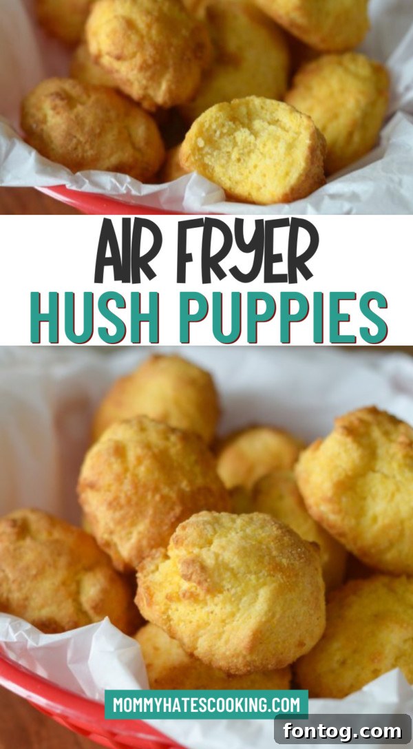 Air Fryer Hush Puppies recipe pin graphic with golden, crispy hush puppies and a fish fillet
