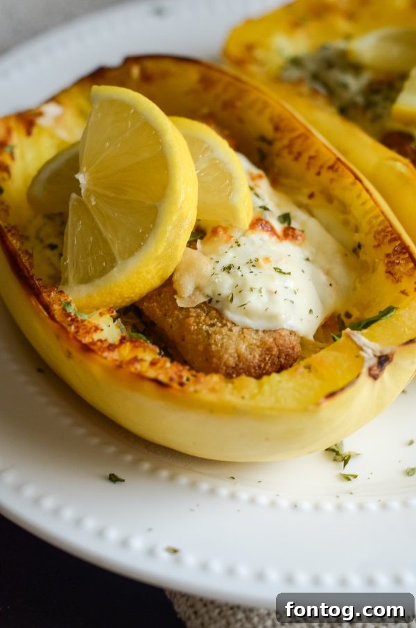 Baked Alfredo Spaghetti Squash with Lemon Herb Fillets Ready to Serve