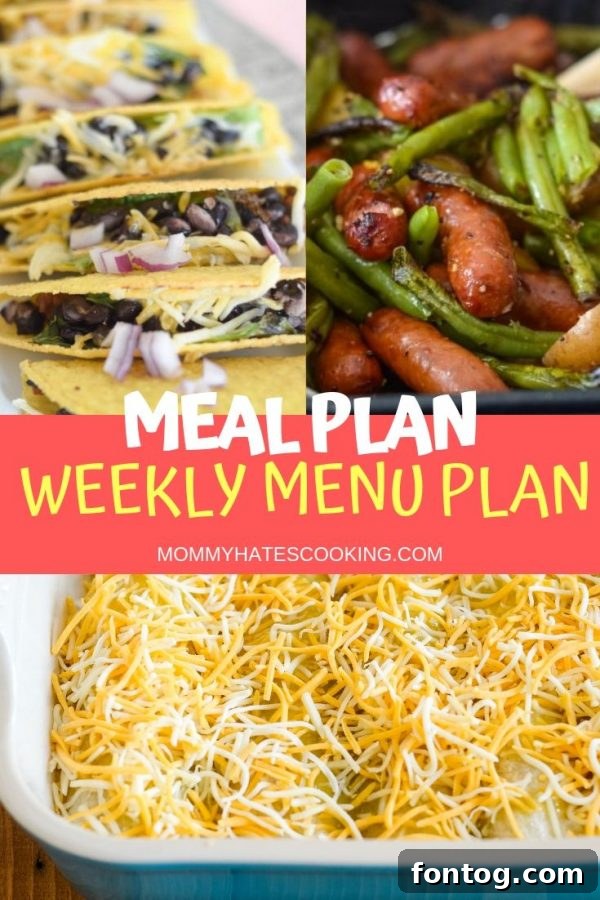 A blank weekly meal plan template with sections for each day of the week, meal categories, and a shopping list, ready for personalization.
