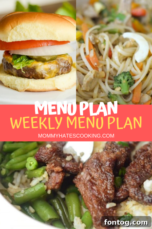 A free printable weekly menu planner template with sections for each day's meals and a grocery list, promoting organized cooking.