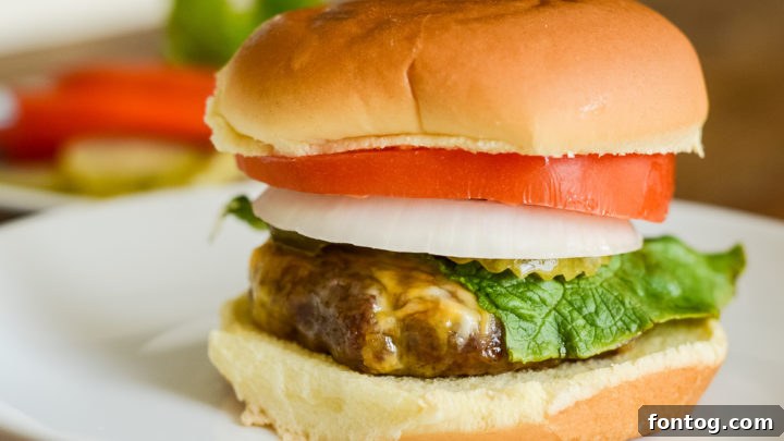 Two juicy Air Fryer Cheeseburgers with perfectly melted cheese, served on toasted buns with fresh lettuce and tomato.