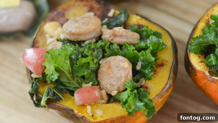 Beautifully roasted acorn squash halves, generously stuffed with a savory and wholesome chicken sausage and vegetable mixture.