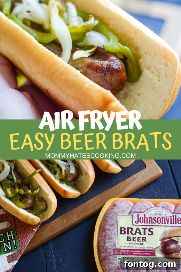 Air Fryer Beer Brats pinterest image, featuring cooked brats, onions, and peppers