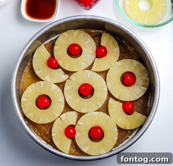 Process of making gluten-free pineapple upside down cake.