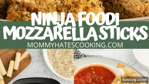 Golden & Gooey: Ninja Foodi Gluten-Free Mozzarella Sticks 8 Pinterest graphic: Easy Ninja Foodi Mozzarella Sticks (Gluten-Free)