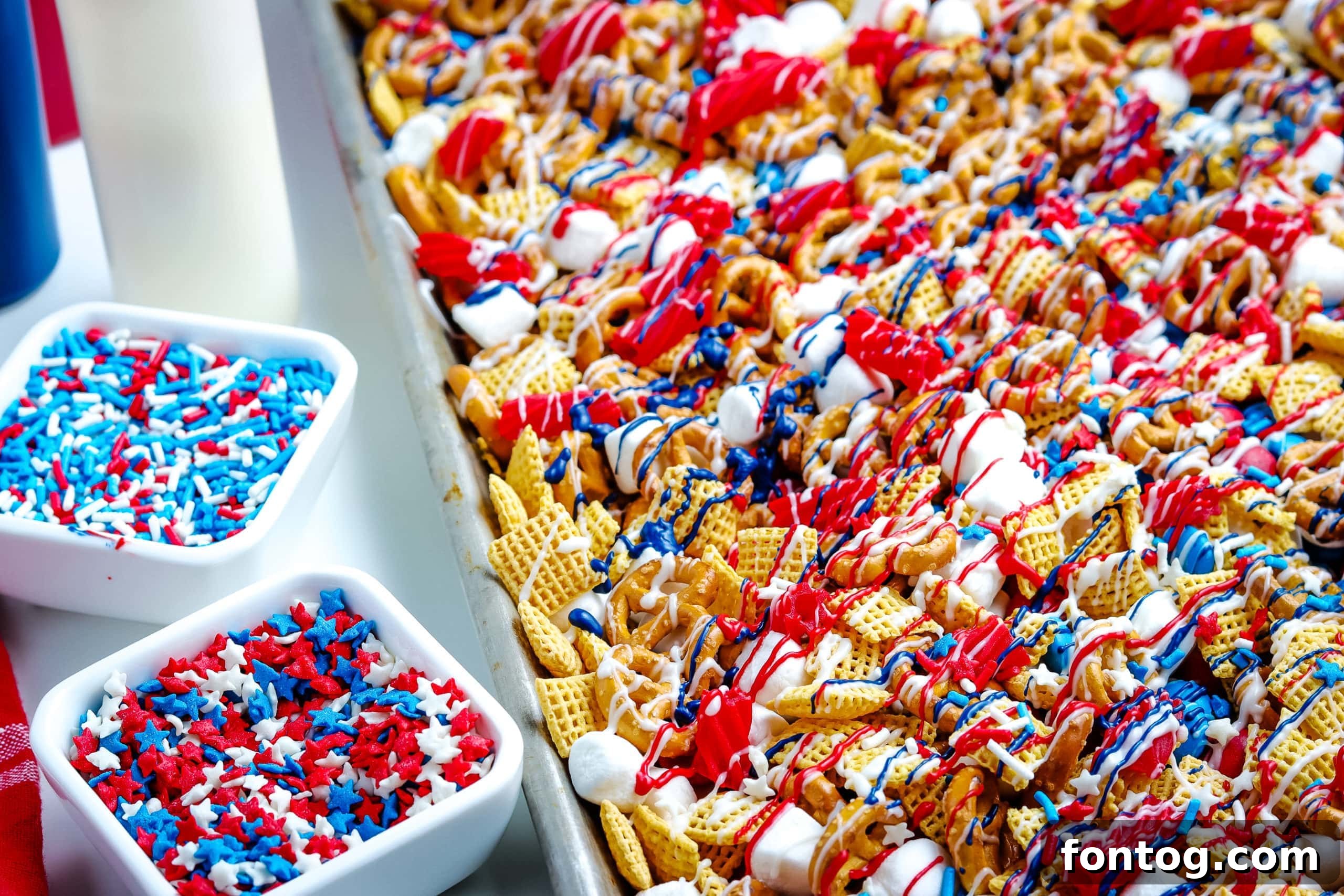 A festive patriotic Chex Mix, combining sweet and savory elements.