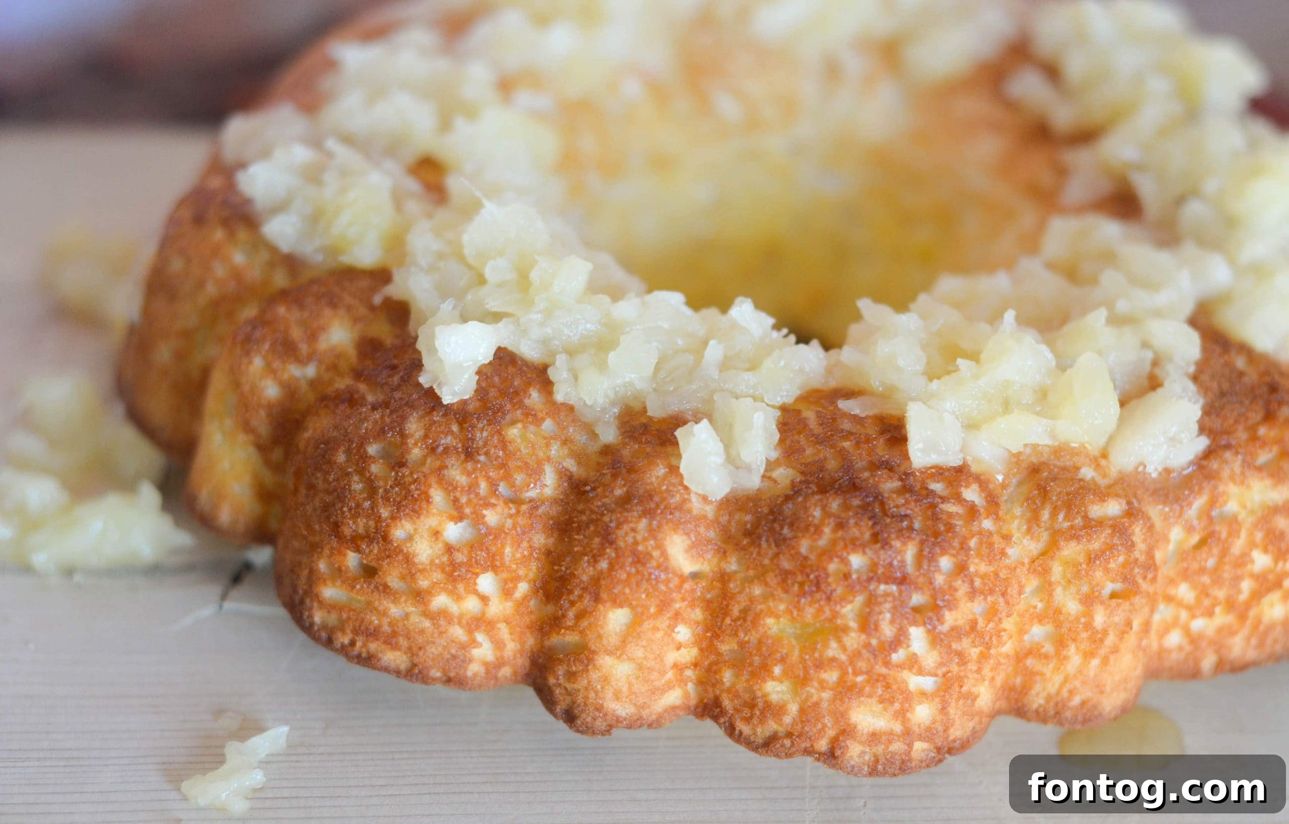 A light and airy gluten-free angel food cake, topped with sweet pineapple.